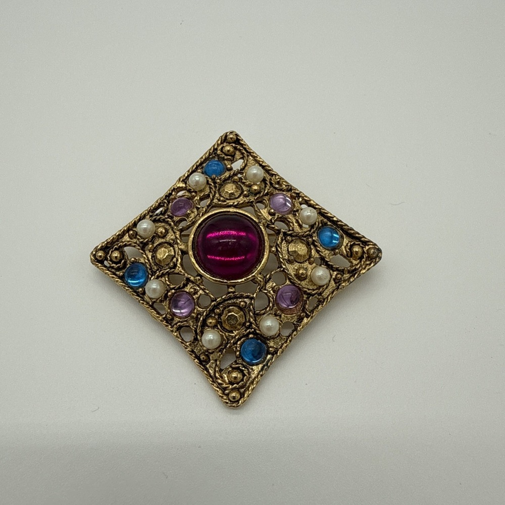 Vintage Multicolor Square Filigree Gold Tone Brooch Pin
